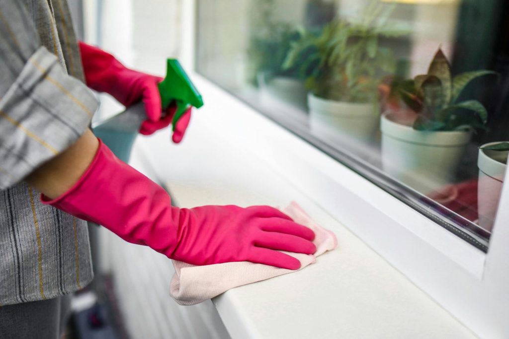 Close-up of hands in pink gloves using spray bottle and cloth indoors.